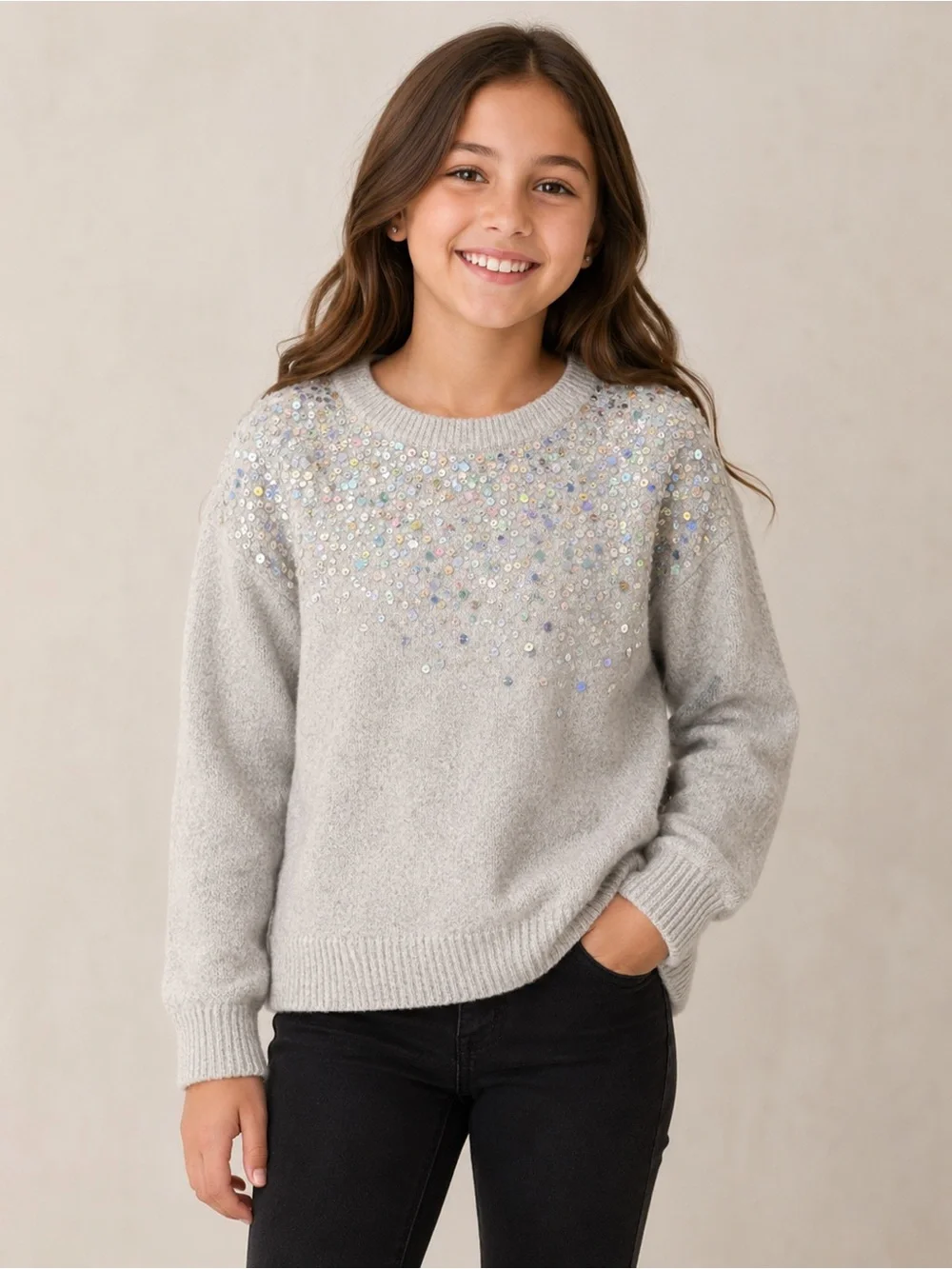 The Children’s Place Girls Sequin Sparkle Sweater Silver Gray Size 10/12